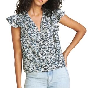Veronica Beard Blue and White Floral Ruffle Sleeve Top